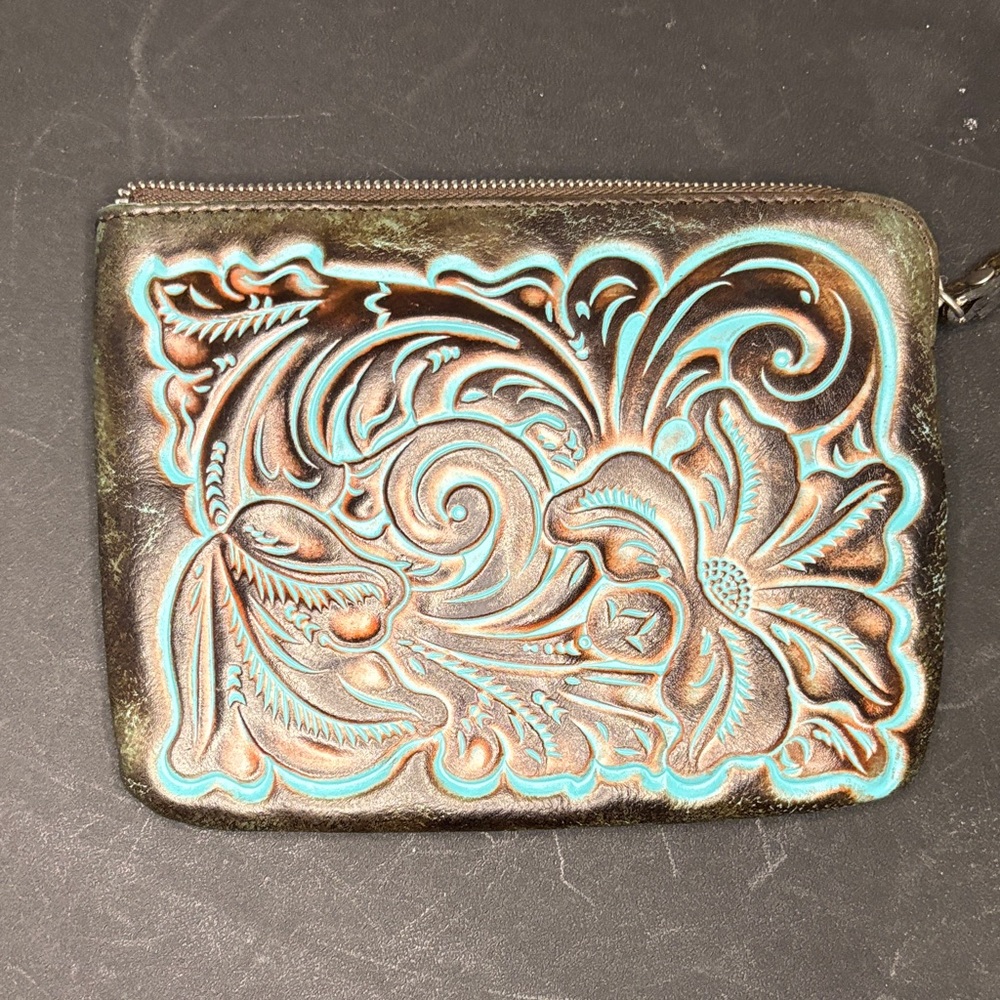 Tooled Floral Leather Zip Pouch in Turquoise Accent wristlet